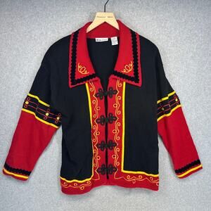 Vintage Mims Cole Sweater Womens Size S Black Red Yellow Cardigan Frog Closure
